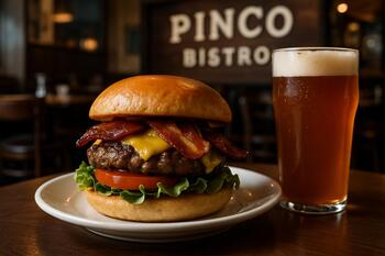 Бургер с беконом и пиво в Pinco Bistro