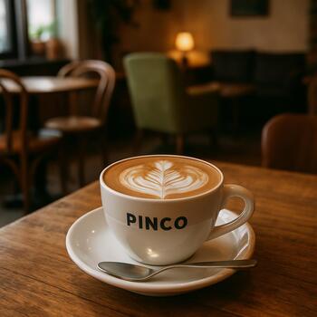 Капучино с латте-арт на деревянном столе Pinco