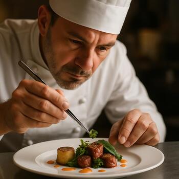 Шеф-повар Pinco сервирует блюдо высокой кухни