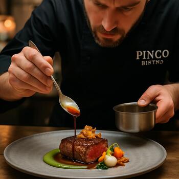 Шеф-повар Pinco Bistro готовит изысканное авторское блюдо