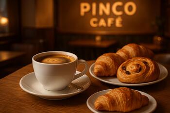 Ароматный кофе и свежая выпечка на столике в кафе Pinco