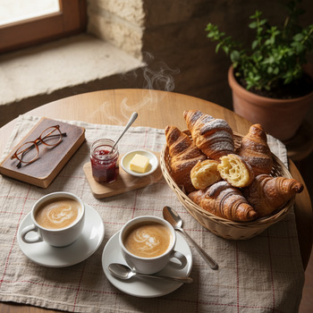 Кофе и круассаны вид сверху в Pinco