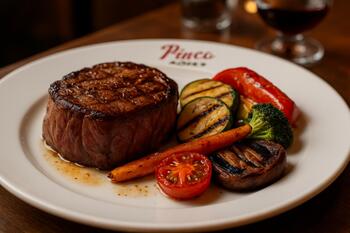 Сочный стейк с овощами гриль в Pinco Bistro
