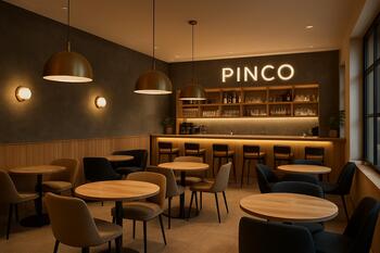 Современный интерьер бистро Pinco с элегантной мебелью и стильным освещением