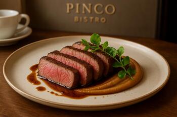 Нарезанный стейк на тарелке в Pinco Bistro